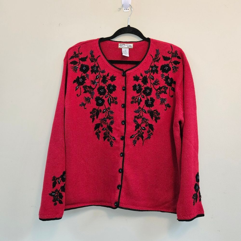 VTG Heirloom Collectible Women Sz L Cardigan Sweater Red Embroidered Box Cut Y2K